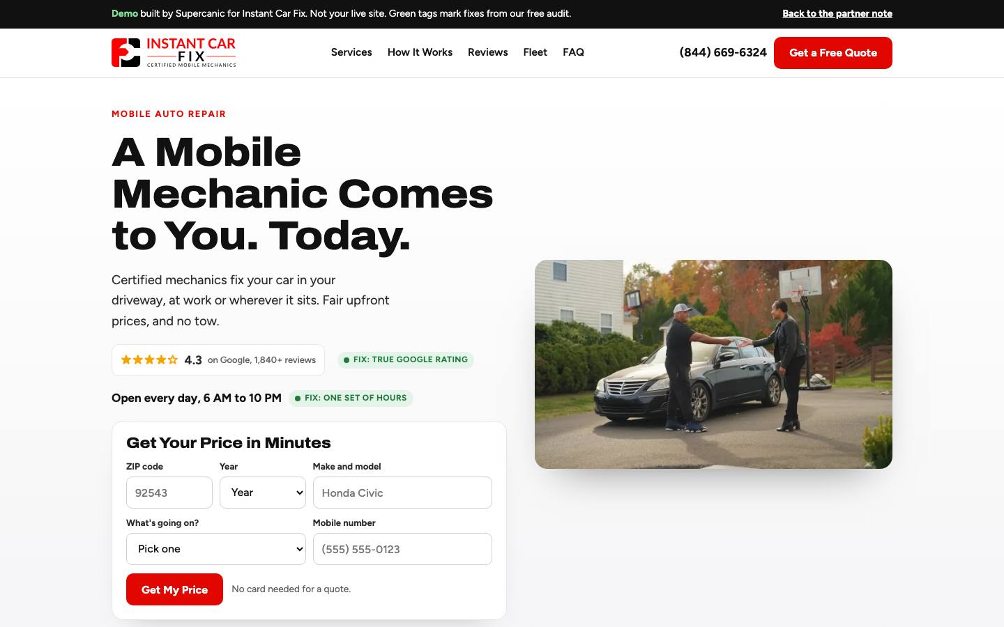 The new Instant Car Fix website