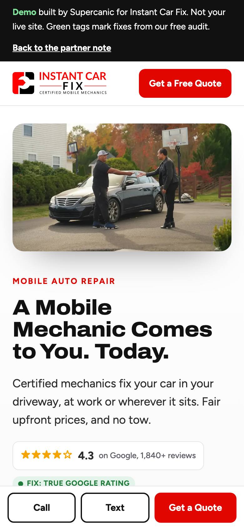 The new Instant Car Fix website